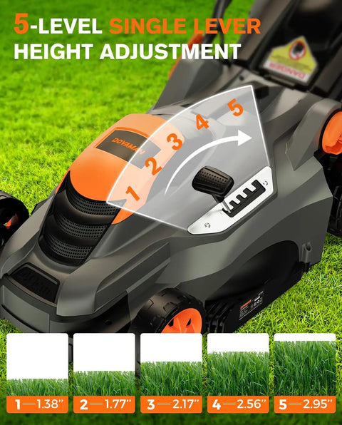 Corded Lawn Mower With 16 Inch Cut And 13 Amp Motor Five Height Settings Easy Vertical Fold Storage Two In One Mulching And Bagging 98 Percent Grass Clippings Collected Ideal For Small To Medium Lawns And Gardens showing 5-level height adjustment lever.