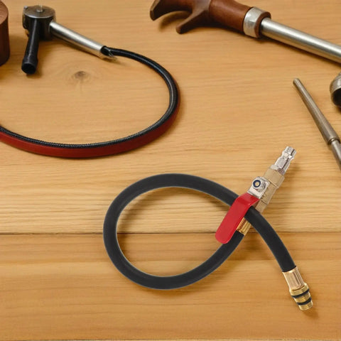 Ultimate European Cylinder Pressure Hose For Vehicle Engine Leak Testing Air Holder Pipe And Cylinder Test Line Good For Garage Diagnostic Leak Detection So You Can Fix Engine Right Away Without Breaking A Sweat Inside Garage. Black rubber hose with brass quick-connect fitting and red valve for engine leak testing