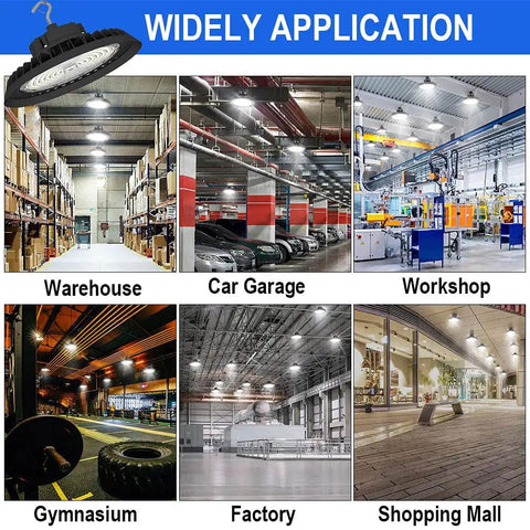 200W LED High Bay Light With 30000LM Beastly Brightness in warehouse, garage, workshop, gym, factory, and mall setting.