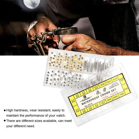 Stem Extender and Crown Set for Watch Repair High Hardness Wear Resistant Replacement Parts Kit with Crowns and Stems box