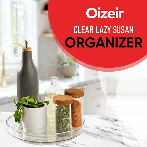 Clear 9 Inch Lazy Susan Turntable with kitchen items, smooth acrylic, space saving organizer for countertop.