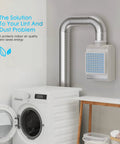Laundry room with 3 In 1 Indoor Dryer Vent Kit With Stainless Steel Screen, Polyester Filter And Water Drawer System mounted on wall.