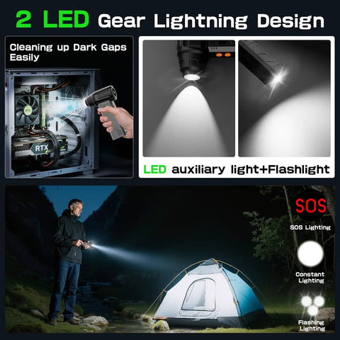 Electric Air Duster With Flashlight And Display, 180000 RPM High Speed Blower showcasing LED light use in dark settings