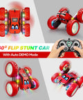 Remote Control Stunt Car With 360 Degree Flips, LED Light Strips, Type C Charge, Dual Sided High Speed RC Vehicle, top and side views with remote.