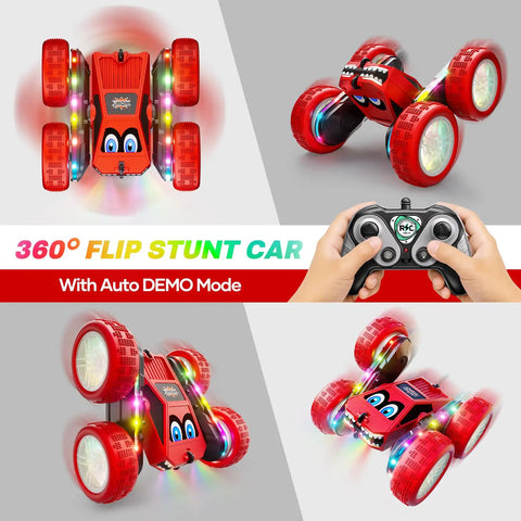 Remote Control Stunt Car With 360 Degree Flips, LED Light Strips, Type C Charge, Dual Sided High Speed RC Vehicle, top and side views with remote.
