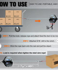 Diagram of Portable Drill Winch 1000 Lb Pulling Capacity With 40 Foot Alloy Steel Wire Rope showing operation steps with boxes.