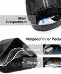 Waterproof Drawstring Gym Bag With Shoes Compartment And Wet Pocket Sports Backpack showing separate shoe compartment and wetproof pockets.