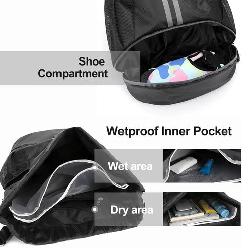 Waterproof Drawstring Gym Bag With Shoes Compartment And Wet Pocket Sports Backpack showing separate shoe compartment and wetproof pockets.