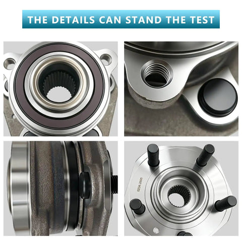 Premium Quality Fresh Pair Of Front Wheel Bearing Hub Assemblies For Tesla Model 3 And Model Y AWD, close-up views of detailed components.