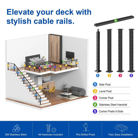 36 Inch Cable Railing Corner Post Three Side Drilled Surface Mount End Post For 90 Degree Turns with handrail diagram