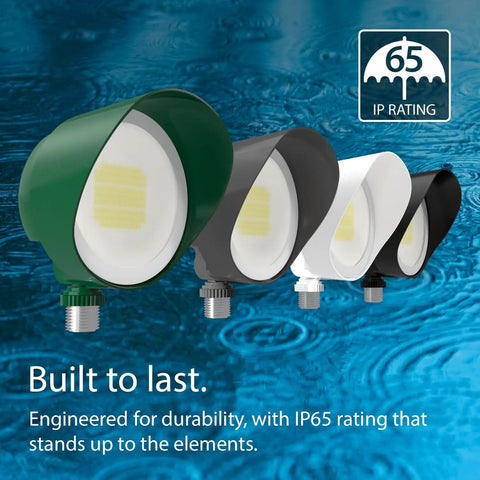 Four colored flood lights with different finishes, including green, black, white, and bronze, showcasing IP65 durability on a blue background.