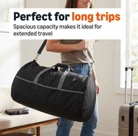 Person carrying massive capacity extra large foldable nylon duffle bag for travel and storage with zippered pockets 150 liter capacity