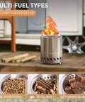 Tabletop Fire Pit Mini Portable Outdoor Smokeless Firepit Stainless Steel 5.5 Inch with multi-fuel options displayed
