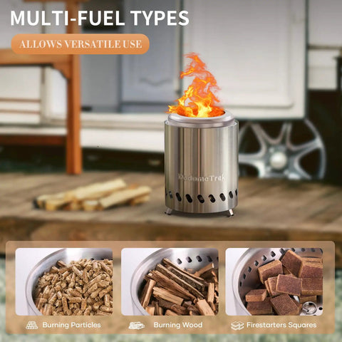 Tabletop Fire Pit Mini Portable Outdoor Smokeless Firepit Stainless Steel 5.5 Inch with multi-fuel options displayed
