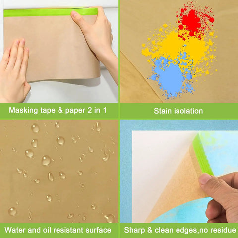 Two Pack Pro Grade 18 Inch Masking Paper Roll With Tape For Painting And Auto Work, covering surface, preventing paint stains.