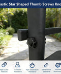 Twelve Pack Of Quarters Twenty By One Inch Star Thumb Screws With Knurled Faces providing easy grip on a dark metal post outdoors.