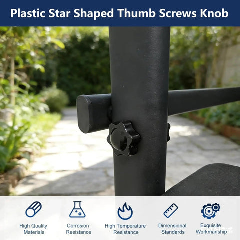 Twelve Pack Of Quarters Twenty By One Inch Star Thumb Screws With Knurled Faces providing easy grip on a dark metal post outdoors.
