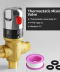 Brass thermostatic mixing valve with red button and accessories for temperature control in showers and sinks.