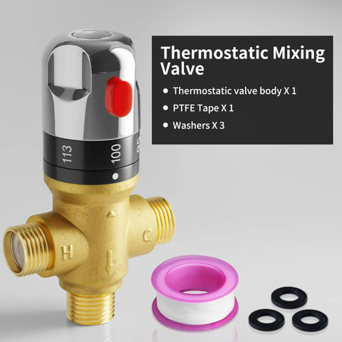 Brass thermostatic mixing valve with red button and accessories for temperature control in showers and sinks.