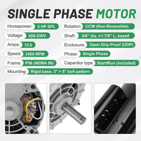 Heavy 5Hp Air Compressor Motor 3450 Rpm 208V Single Phase P56 Ccw Rotation 5/8 Inch Keyed Shaft Odp Rigid Mount details.