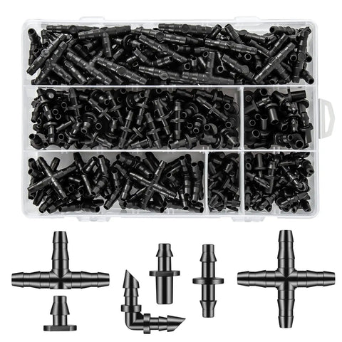 300 Piece Drip Irrigation Fittings Kit With Barbed Connectors For Garden Pots And Greenhouse in plastic storage box