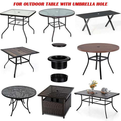 Easy Fit Patio Table Umbrella Hole Ring Plug Cap Set For Outdoor Parasol Hole Cover Insert Pole Replacement Stabilizer Parts Black Designed To Fit 1.63 Inch Inner Ring Diameter Or Smaller For 2 Inch Holes On Glass Iron And Wood Desktops, shown with various outdoor tables