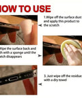 Instruction guide for Scratch Be Gone Quick Fix Screen Scratch Remover Kit With Sponge For Phones Watches Laptops Monitors And More Polishing Cream That Restores Clarity And Makes Screens Look New Again showing steps to remove scratches using a sponge.
