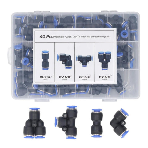 40 Piece Pneumatic Fitting Kit With Splitter Tee And Elbow Straight Connectors For Pu Nylon Pipe Air Tools DIY Shop Gear That Hits The Spot For Smooth Systems, 1/4in