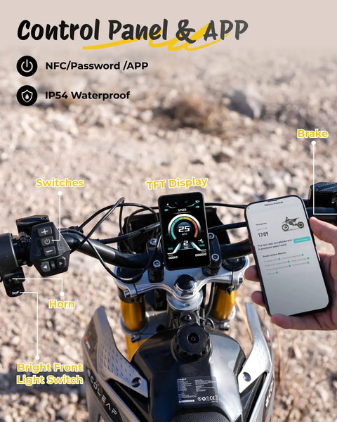 Control panel of Power Packed 3500W Peak Electric Dirt Bike for Teens and Adults with TFT display and smartphone app