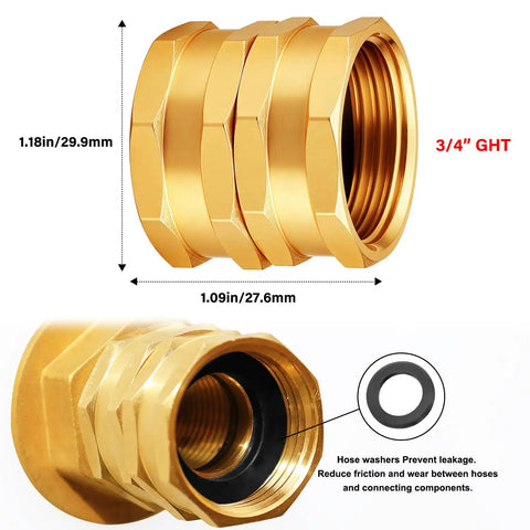 Garden Hose Adapter Female To Female 3/4 Inch GHT Brass Connector, double female brass hose fitting with washer shown in close-up
