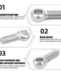 Heavy Duty Lifting Eye Bolt Set 20 Pcs Anti Corrosion 304 Stainless Steel For Industrial Rigging And Hoists Durable Eye Bolts Built To Stand Up To Tough Lifts And Harsh Environments, deep thread close-up