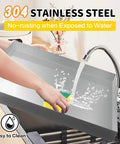 Stainless Steel Washing Machine Pan For Floor Protection 32 By 30 By Two And A Half Inches Heavy Duty Drip Tray No Hole Rustproof Washer Pan With Anti Vibration Support Ideal For Home Laundry Rooms shown being washed under a faucet, illustrating no-rusting feature.