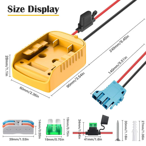 Power Wheels Battery Adapter for Dewalt 20V Battery Converter Kit with size display and wire harness details