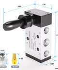 5 Way 2 Position Hand Pull Pneumatic Valve With 1 Quarter Inch NPT Ports, black and silver design with lever and dimensions.