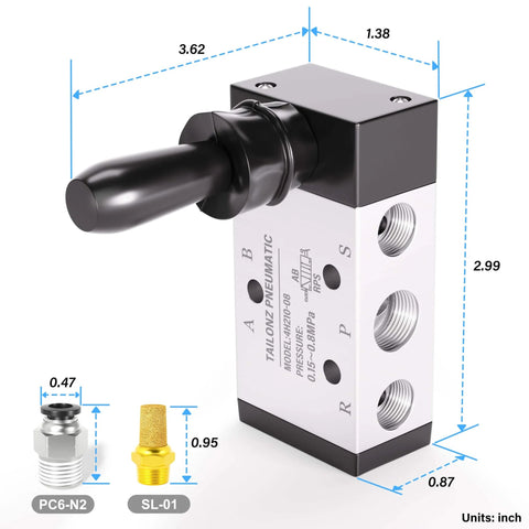 5 Way 2 Position Hand Pull Pneumatic Valve With 1 Quarter Inch NPT Ports, black and silver design with lever and dimensions.