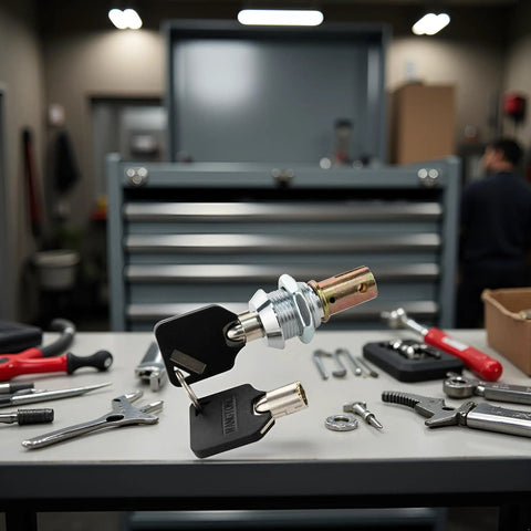1 Set Tubular Lock And Key Set For Toolbox And Cabinet Drawers With Keys, heavy duty metal construction on workbench