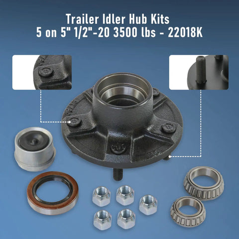Trailer Idler Hub Kit Set Of 2 For 3500 Lb Axles, 5 On 5 Inch Bolt Pattern, includes bearings, grease seals, and lug nuts