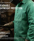 Man wearing green SparkGuard Flame Resistant Welding Jacket For Men Green Heavyweight 12 Oz 100 Percent Cotton Sateen ASTM D6413 Certified Rugged FR Workwear Built To Last And Keeps You Safe After 50 Washes in workshop