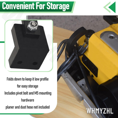 Close-up of the Collapsible Dust Hose Guide And Outfeed Hook For DW735 Planers with pivot bolt for easy storage.