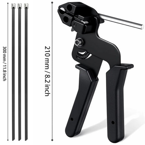 Heavy Duty Metal Zip Tie Gun Kit With 100 UV Resistant 11.8 Inch Stainless Steel Cable Ties, 4.6mm x 300mm, shown in size comparison.