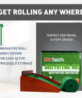 Indoor Putting Green With Automatic Ball Return, solid wood frame displayed rolled in packaging, perfect for home office and outdoor practice.