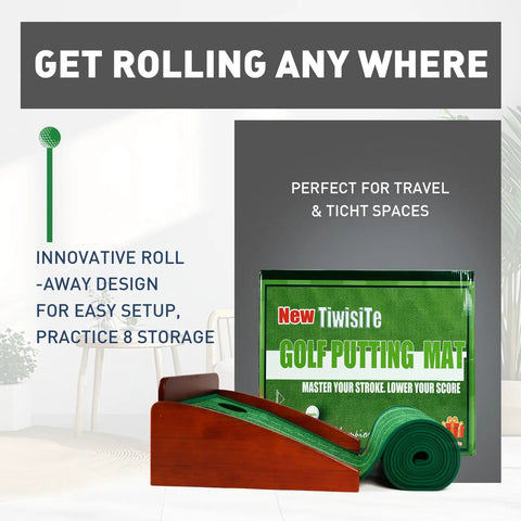 Indoor Putting Green With Automatic Ball Return, solid wood frame displayed rolled in packaging, perfect for home office and outdoor practice.