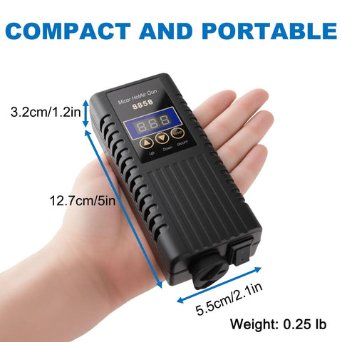 Person holding compact Digital Hot Air Rework Station Kit for SMD Rework and Desoldering with precise temperature control.