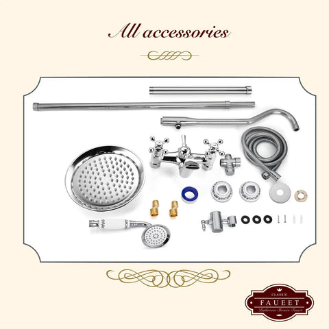 Exposed Shower System Set In Polished Chrome With 8 Inch Rain Shower Head, 2 Knob Handles, 3 Function Diverter, Tub Spout.