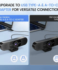Plug And Play 1080P HD Webcam Packs Dual Noise Killing Mics And Wide Angle Lens With Privacy Sliding Cover showcasing USB-C and USB-A ports.