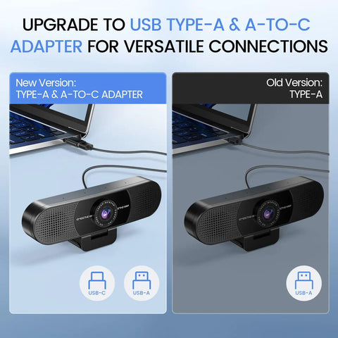 Plug And Play 1080P HD Webcam Packs Dual Noise Killing Mics And Wide Angle Lens With Privacy Sliding Cover showcasing USB-C and USB-A ports.