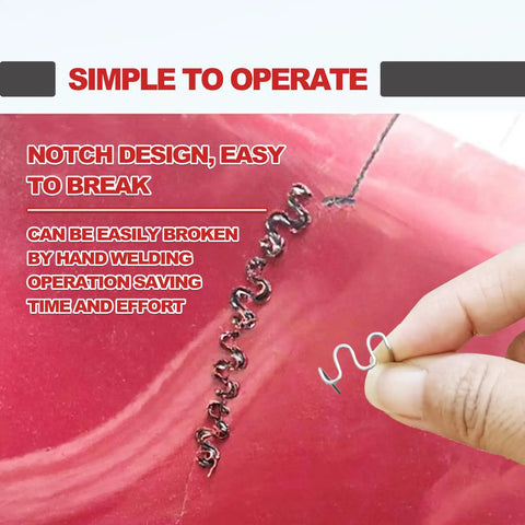 Close-up of a hand holding a staple from the Plastic Welder Staples Kit With 6 Types Hot And Wave Staples For Car Bumper Repair.