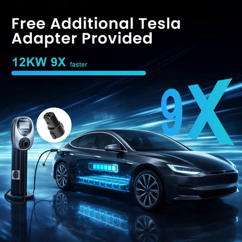Level 2 EV Charger With 48 Amp 240V NEMA 14-50 Plug Charges Your Daily Driver Dead Fast, showing Tesla adapter and charger.