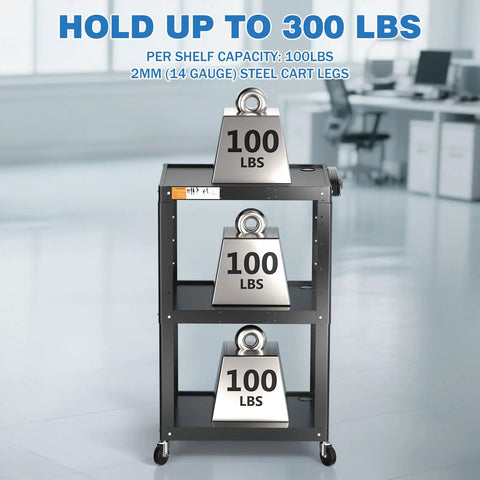 Three Shelf Metal Utility Cart On Wheels With Built In Power Strip Mobile AV Cart For Projector TV Laptop Printers And Office Tech Height Adjustable Steel Cart For Classroom Office Workshop Or Warehouse Use showing weight capacity