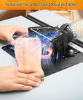 Dust Collection System For Router Lift With Clear Acrylic Top And LED Light, hands demonstrate universal fit and usage